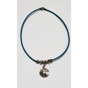 Sterling Silver Sand Dollar Blue Leather Cord Choker Necklace 14 in.